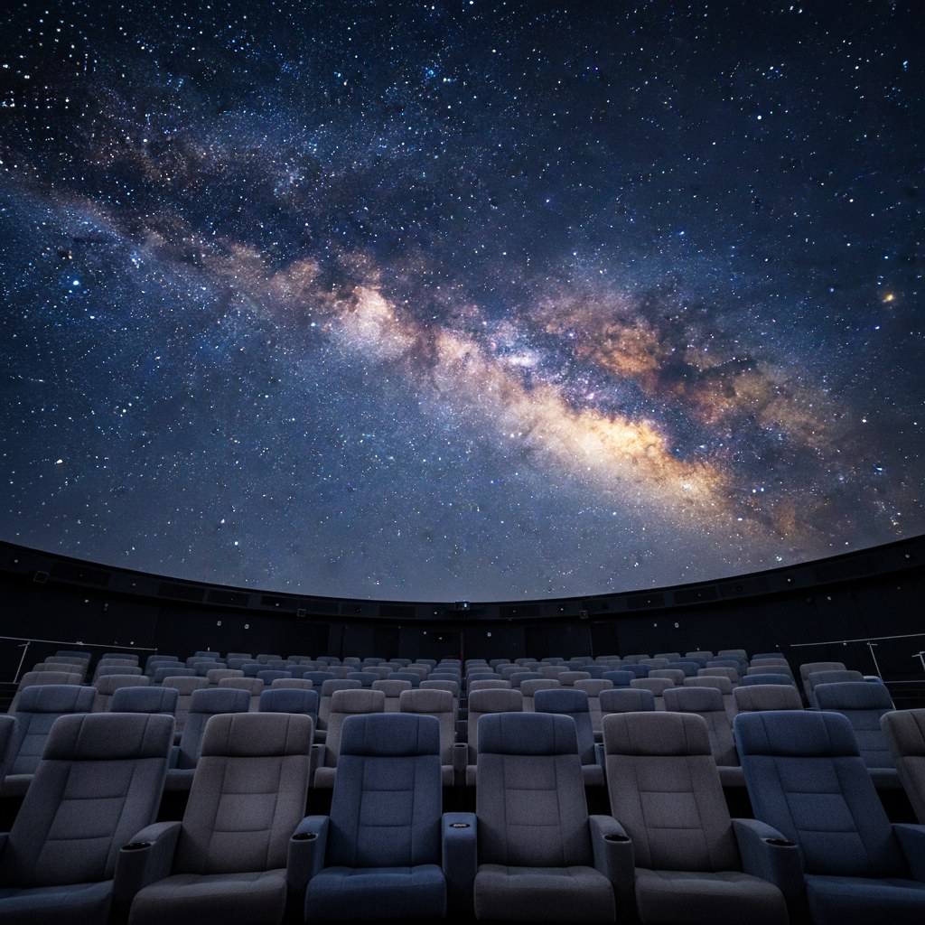 Planetaryum kubbesinde geriye yatan rahat koltuklar ve gökyüzü projeksiyonu